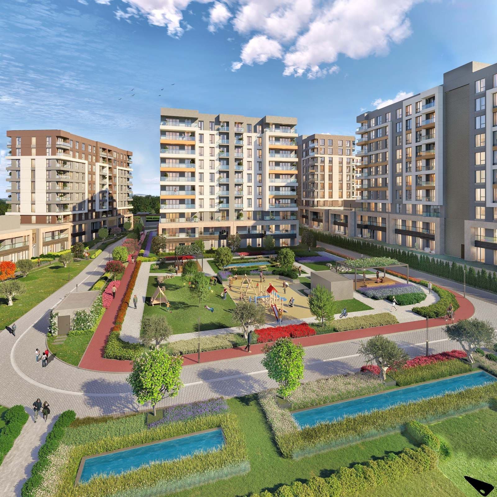 Rendering of the central courtyard with a children's playground, a red walking track, flower beds and long reflecting pools, framed by the residential blocks