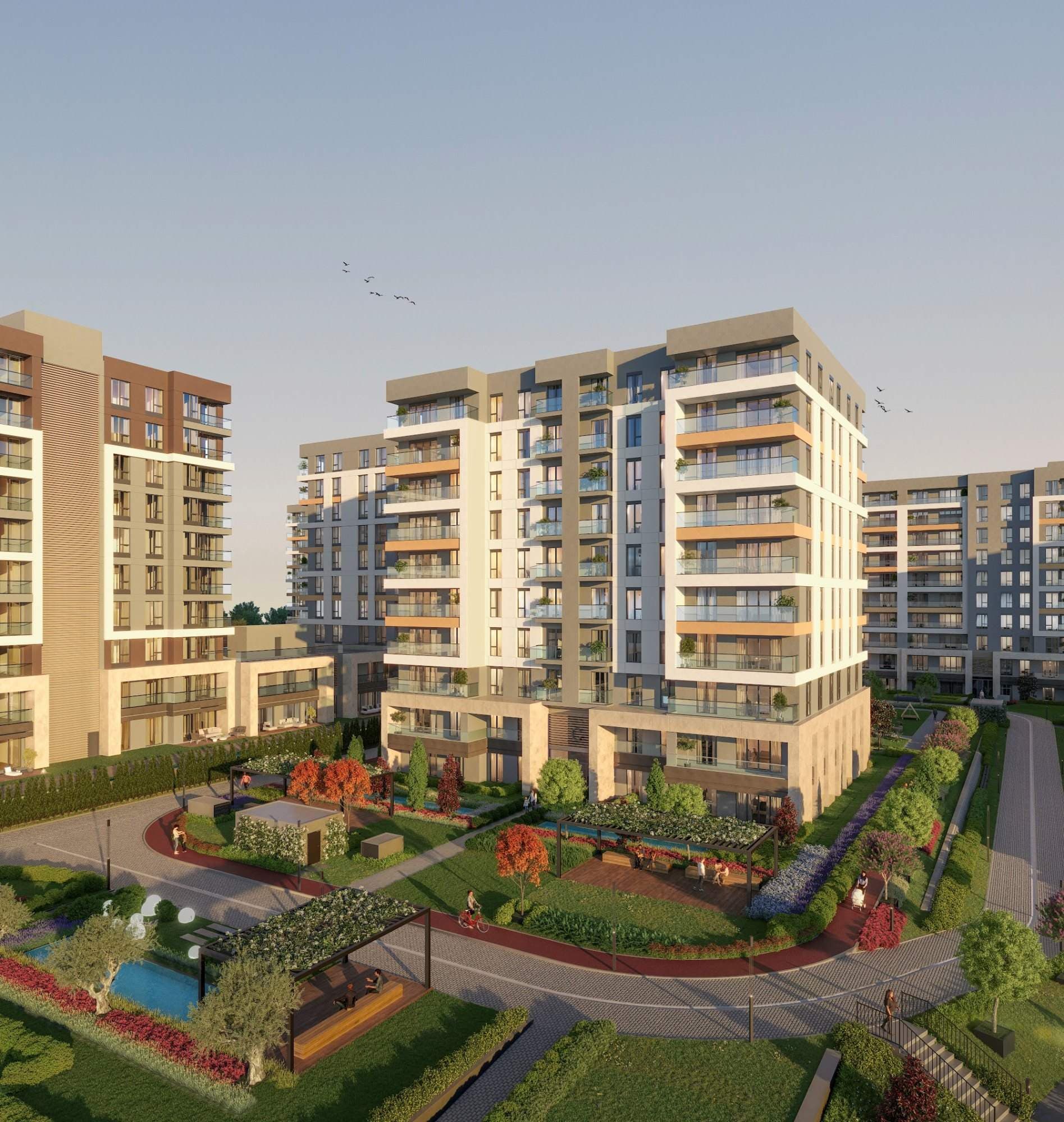 Sunset rendering of a residential block with orange-trimmed balconies above a garden with a pergola, planting and a small pool
