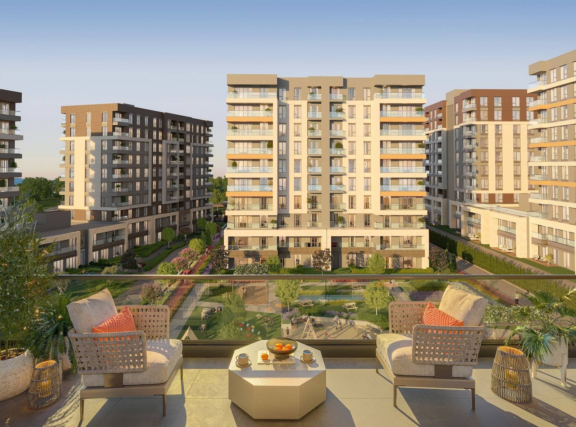 Rendering of the view from a furnished balcony toward a residential block and the gardens below
