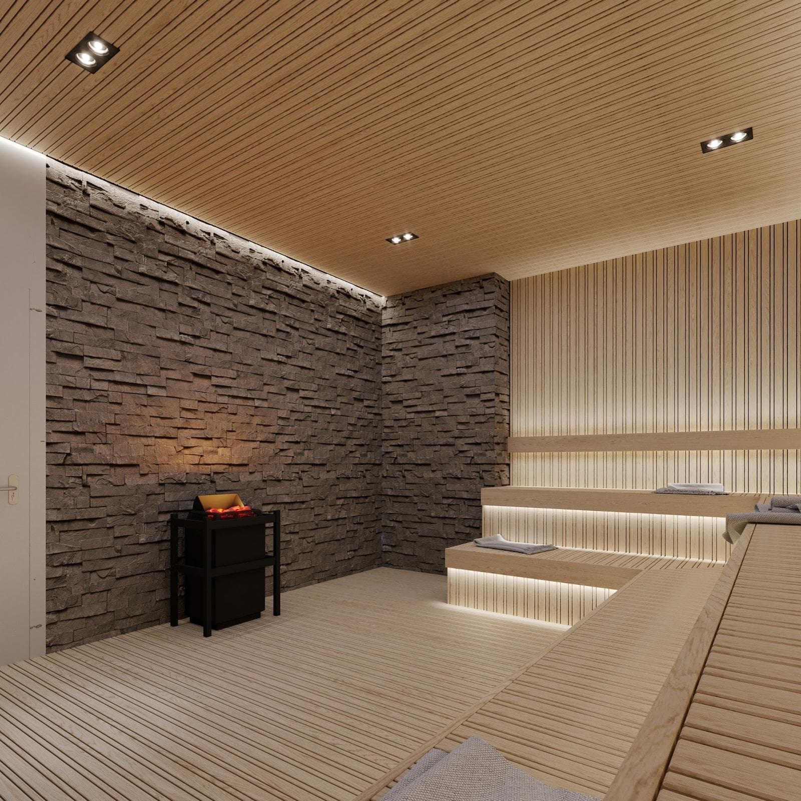Rendering of the sauna with tiered wooden benches and a stone-clad wall