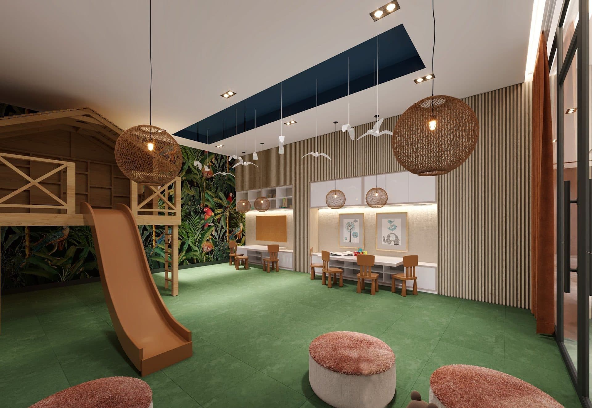 Rendering of the children's playroom with a wooden play house, a slide and small tables