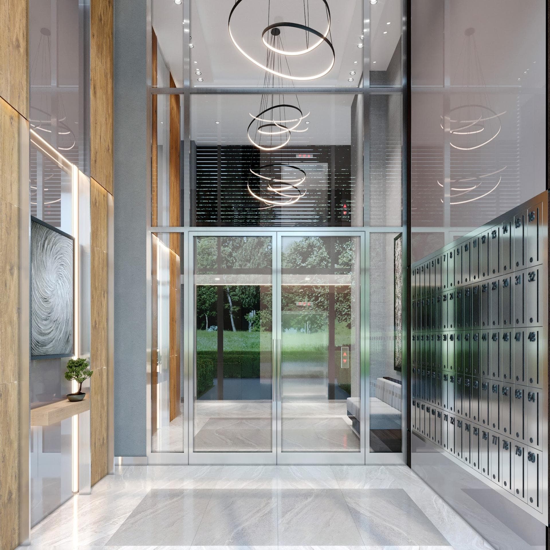 Rendering of a building entrance lobby with glass doors, mailboxes and ring-shaped pendant lights