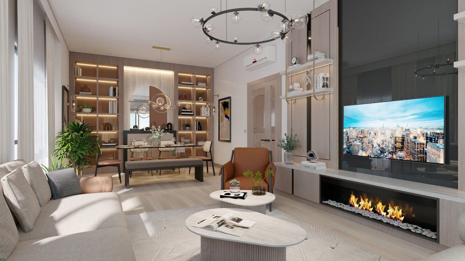 Rendering of an apartment living room with a sofa, a fireplace under the TV wall and a dining area by built-in shelves
