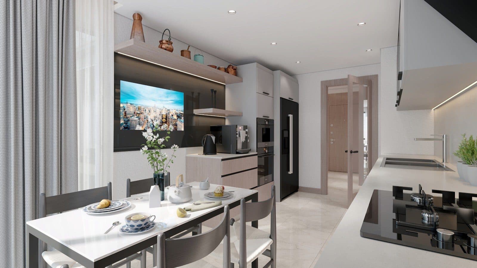 Rendering of an apartment kitchen with a dining table by the window and built-in appliances