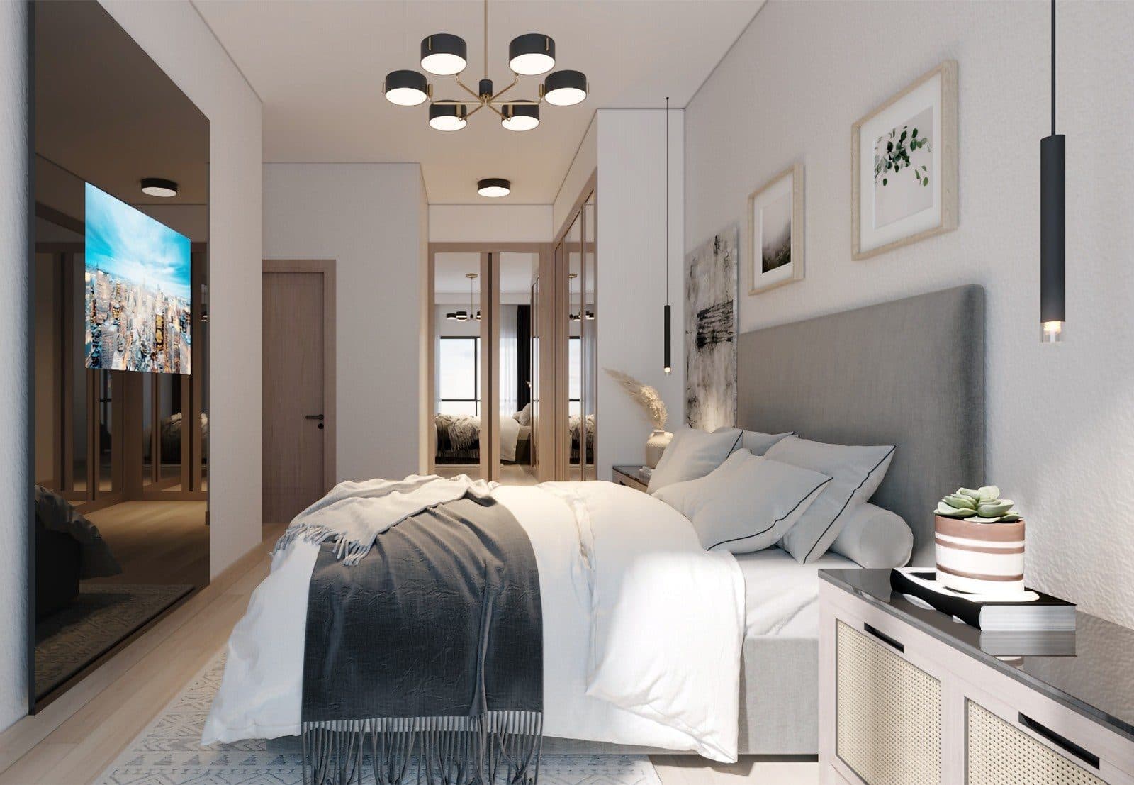 Rendering of a main bedroom with a double bed, a mirrored wardrobe and a modern chandelier