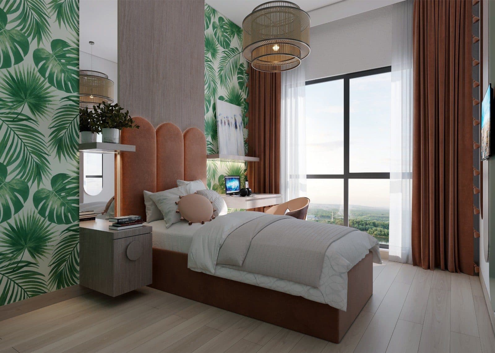 Rendering of a bedroom with a single bed, a small desk and leaf-pattern wallpaper beside a tall window
