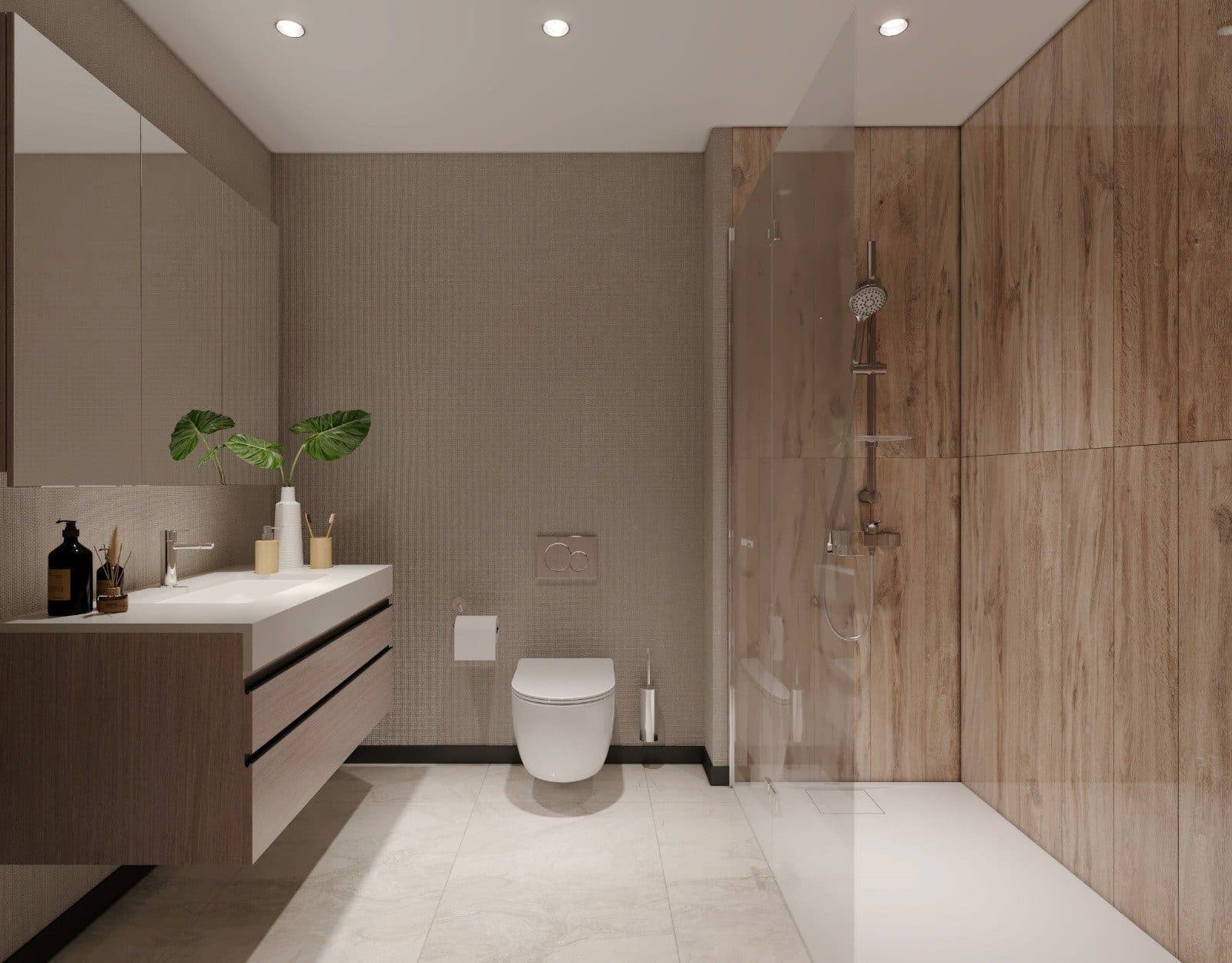 Rendering of a bathroom with a walk-in shower, a wall-hung toilet and a wood-paneled wall