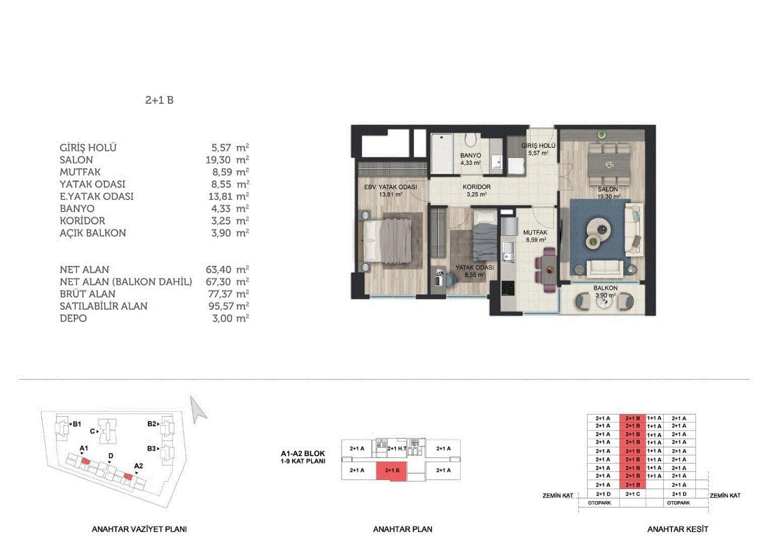 Basaksehir Avrasya Konutlari 3 Project – 2+1 Type B (Blocks A1 and A2) floor plan