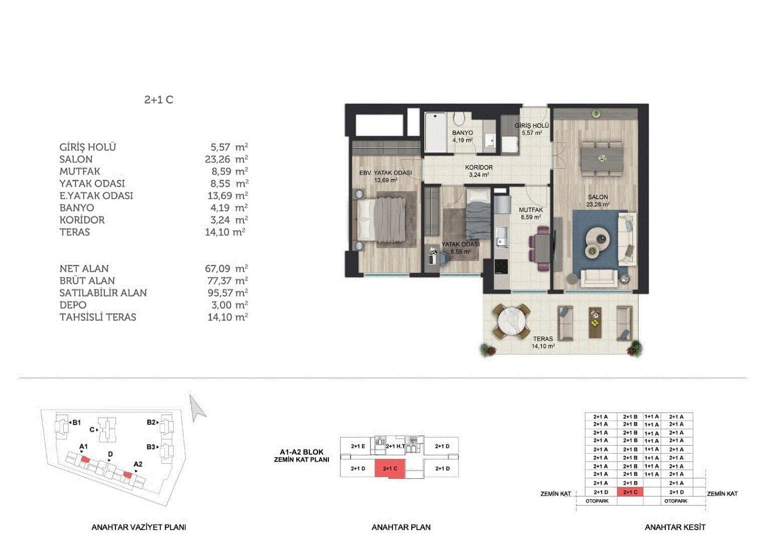 Basaksehir Avrasya Konutlari 3 Project – 2+1 Type C (Blocks A1 and A2, ground floor) floor plan