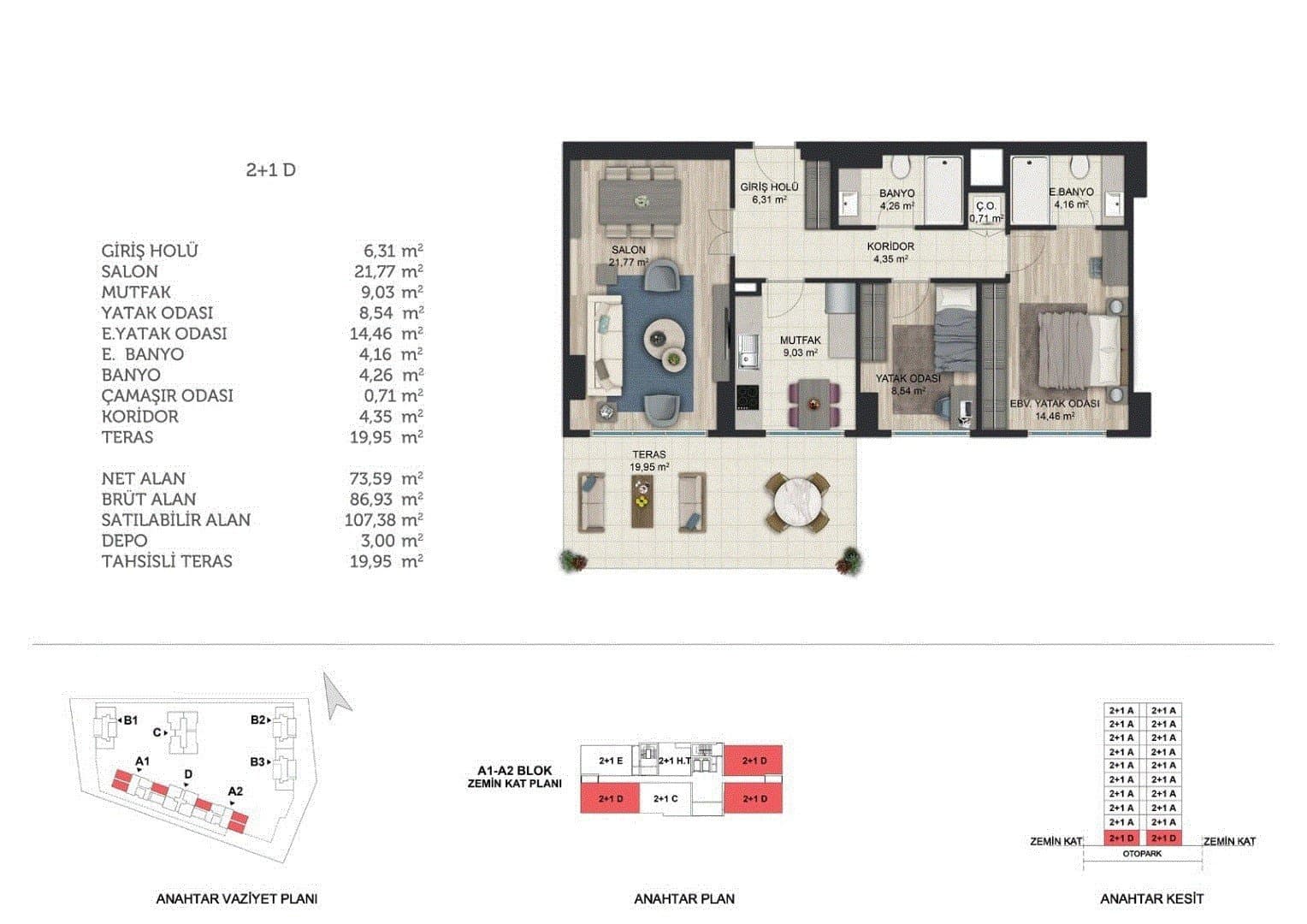Basaksehir Avrasya Konutlari 3 Project – 2+1 Type D (Blocks A1 and A2, ground floor) floor plan