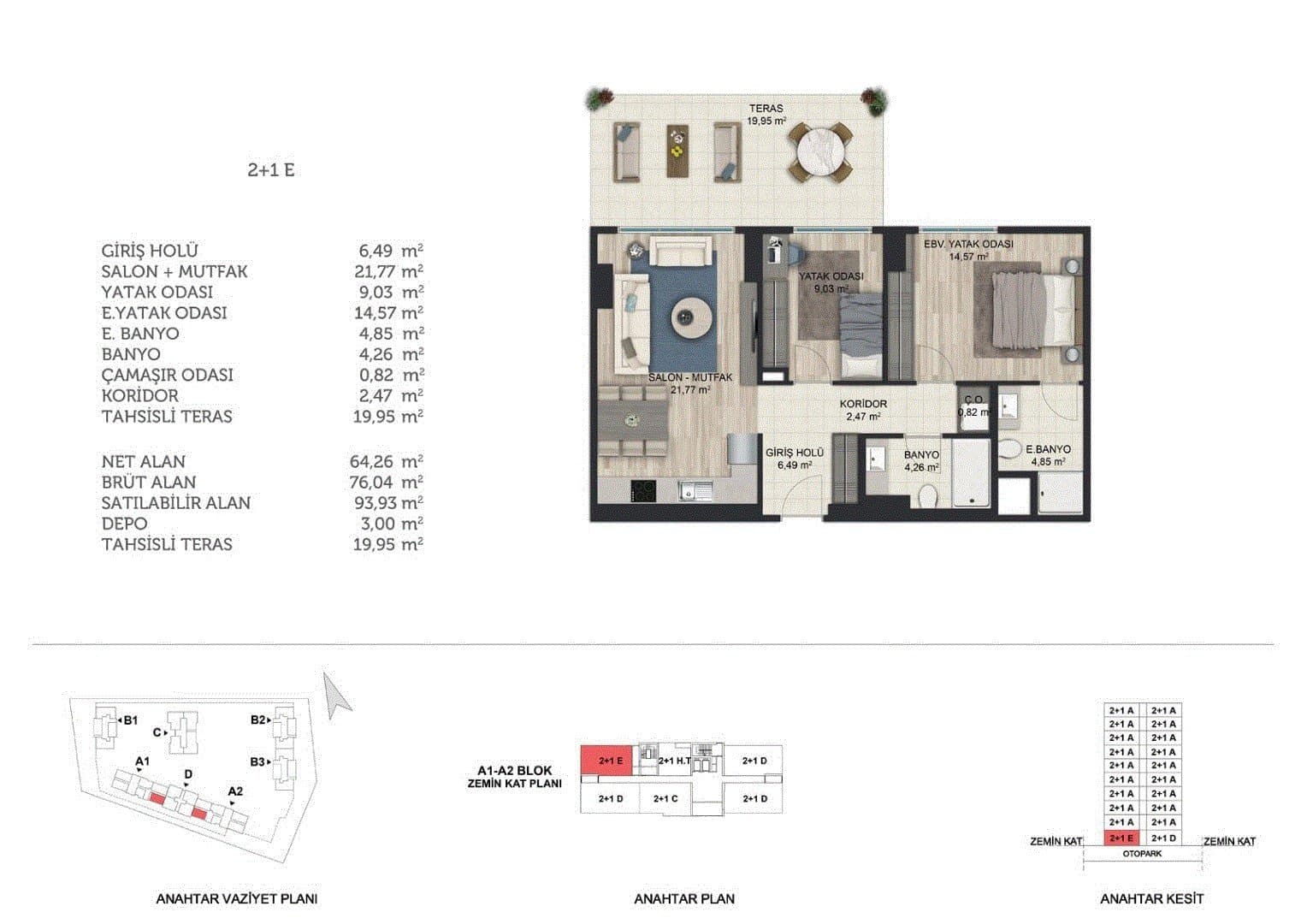 Basaksehir Avrasya Konutlari 3 Project – 2+1 Type E (Blocks A1 and A2, ground floor) floor plan