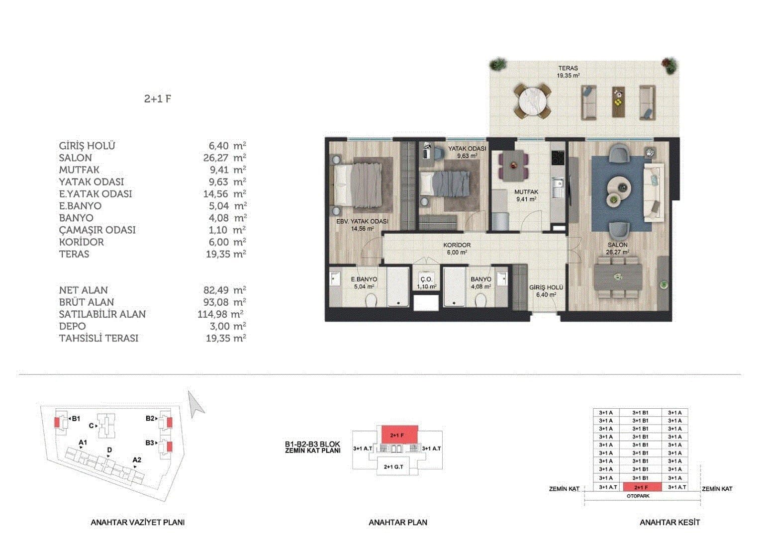 Basaksehir Avrasya Konutlari 3 Project – 2+1 Type F (Blocks B1, B2 and B3, ground floor) floor plan