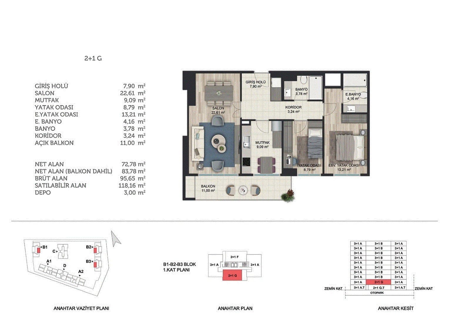 Basaksehir Avrasya Konutlari 3 Project – 2+1 Type G (Blocks B1, B2 and B3) floor plan