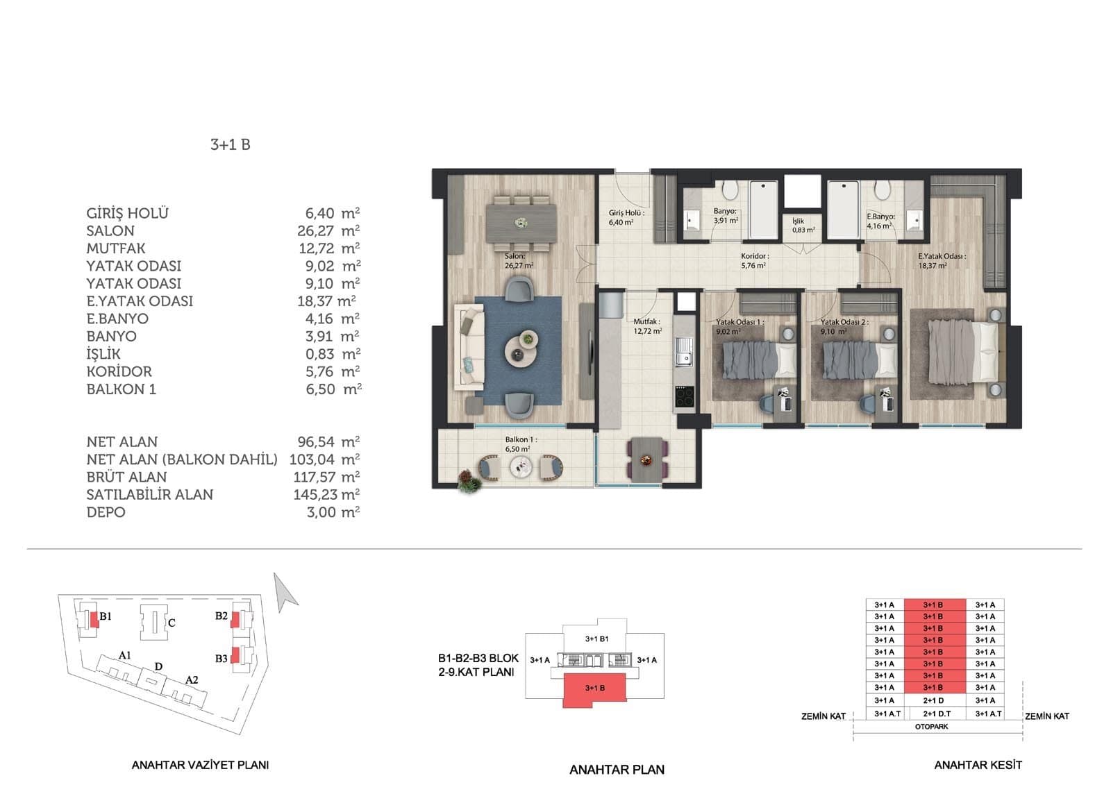 Basaksehir Avrasya Konutlari 3 Project – 3+1 Type B (Blocks B1, B2 and B3) floor plan