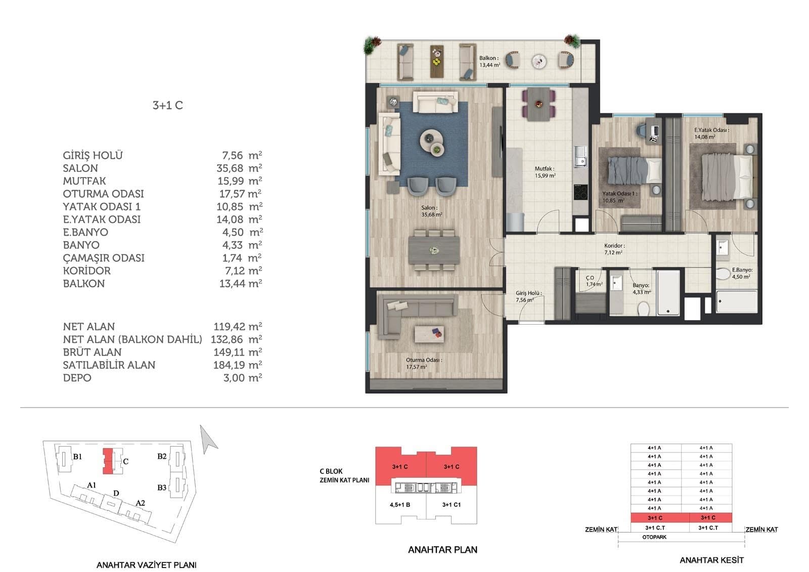 Basaksehir Avrasya Konutlari 3 Project – 3+1 Type C (Block C) floor plan