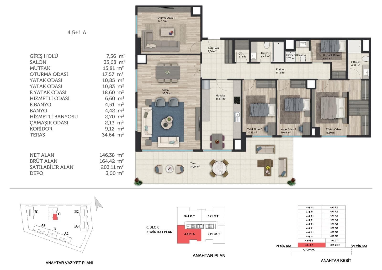 Basaksehir Avrasya Konutlari 3 Project – 4.5+1 Type A (Block C, ground floor) floor plan