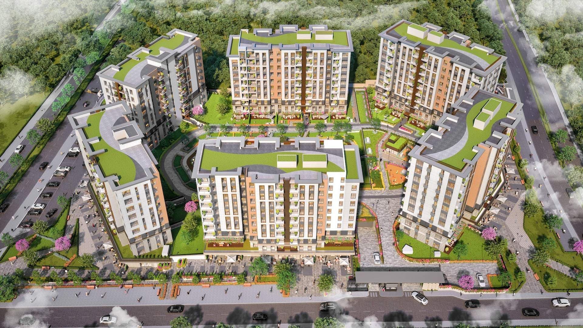 Rendering of the six residential blocks seen from above, set around a landscaped courtyard, with shops and cafe terraces along the street in front