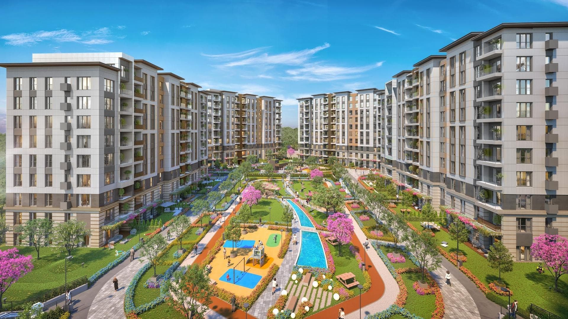 Rendering of the central garden between the blocks, with a children's playground, a long water channel, paths and a running track