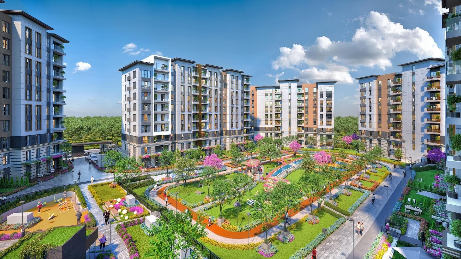 Rendering of the courtyard seen from above, with lawns, flower beds, a playground and walkways between the blocks