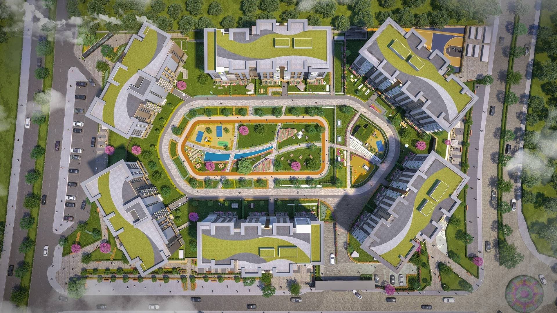 Rendering of the site plan seen from directly above, with the oval garden in the middle and green roofs on the six blocks