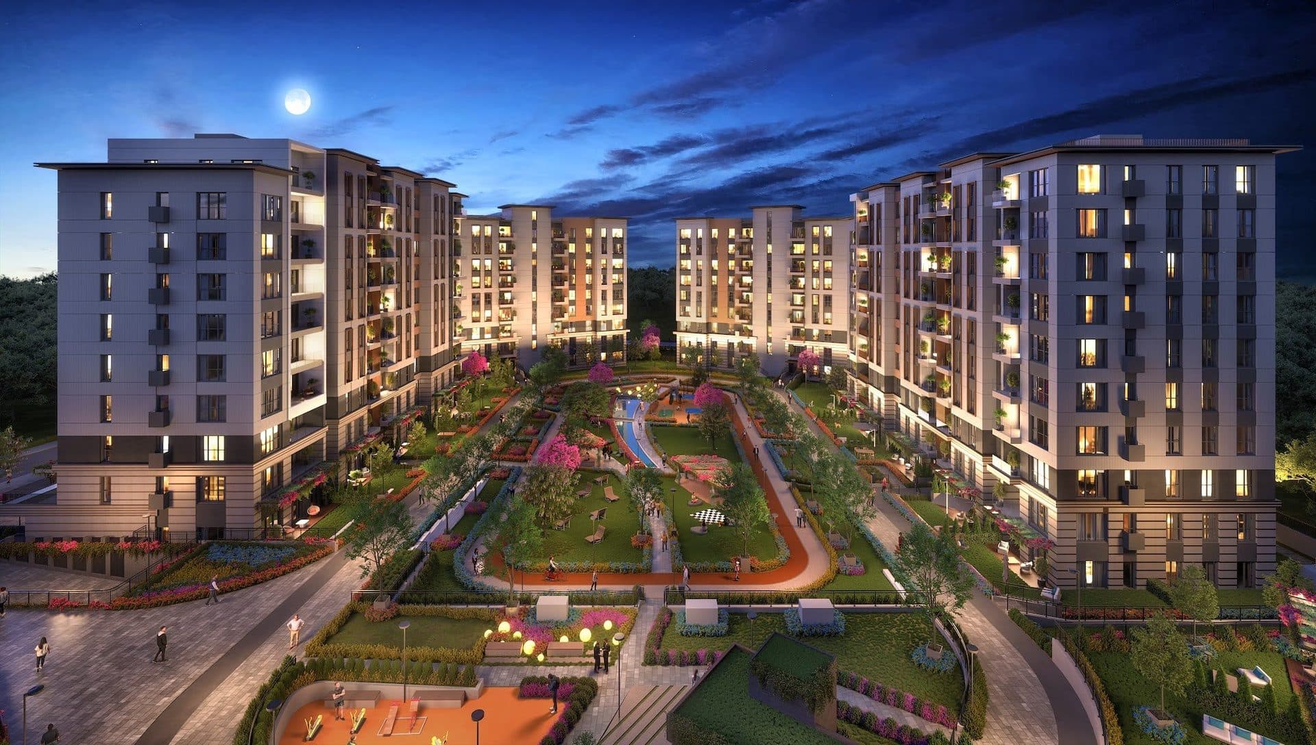 Rendering of the blocks and the lit courtyard garden at dusk