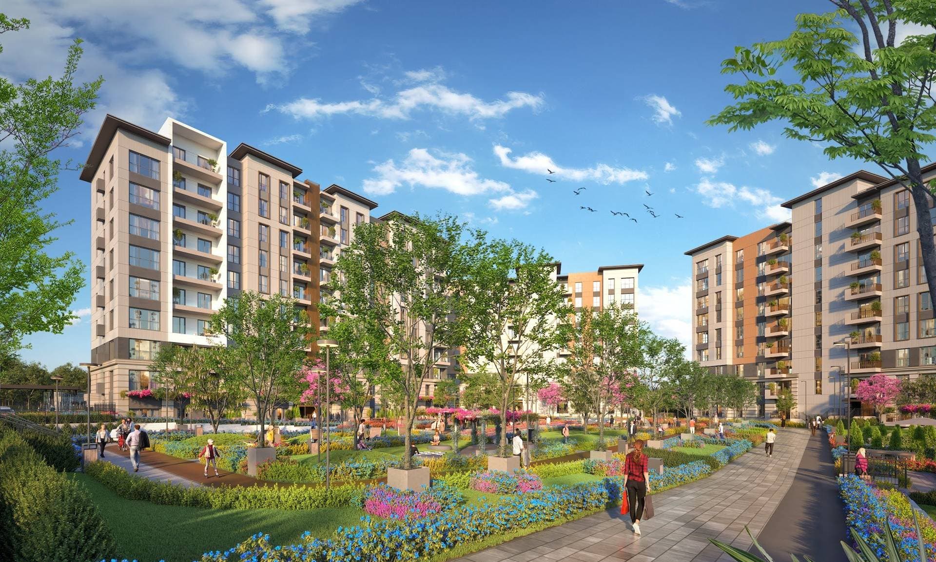 Rendering of residents walking along a garden path between flower beds and trees, with the blocks on both sides