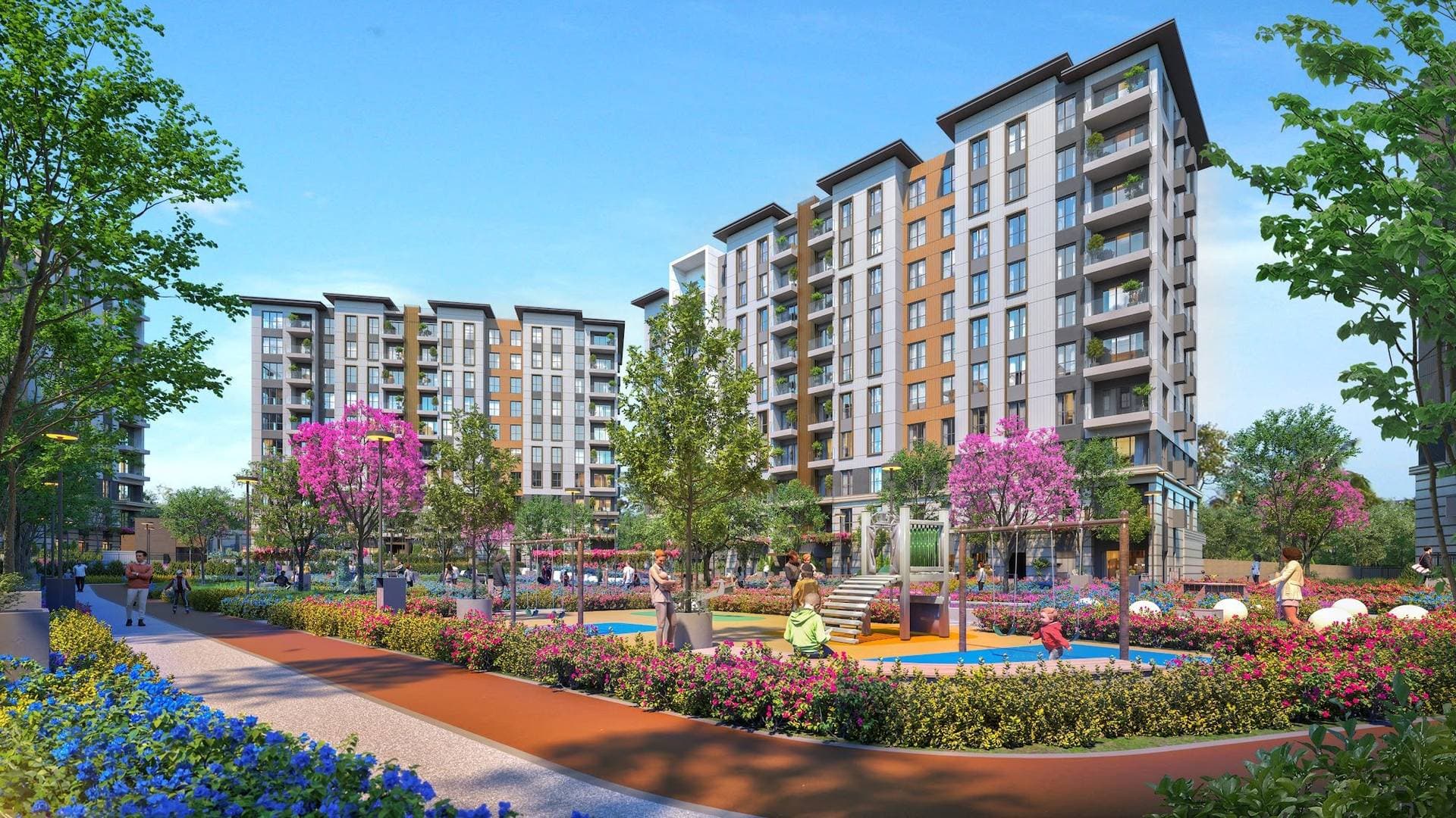 Rendering of a playground with soft flooring, flowering trees and a red running track in front of a residential block