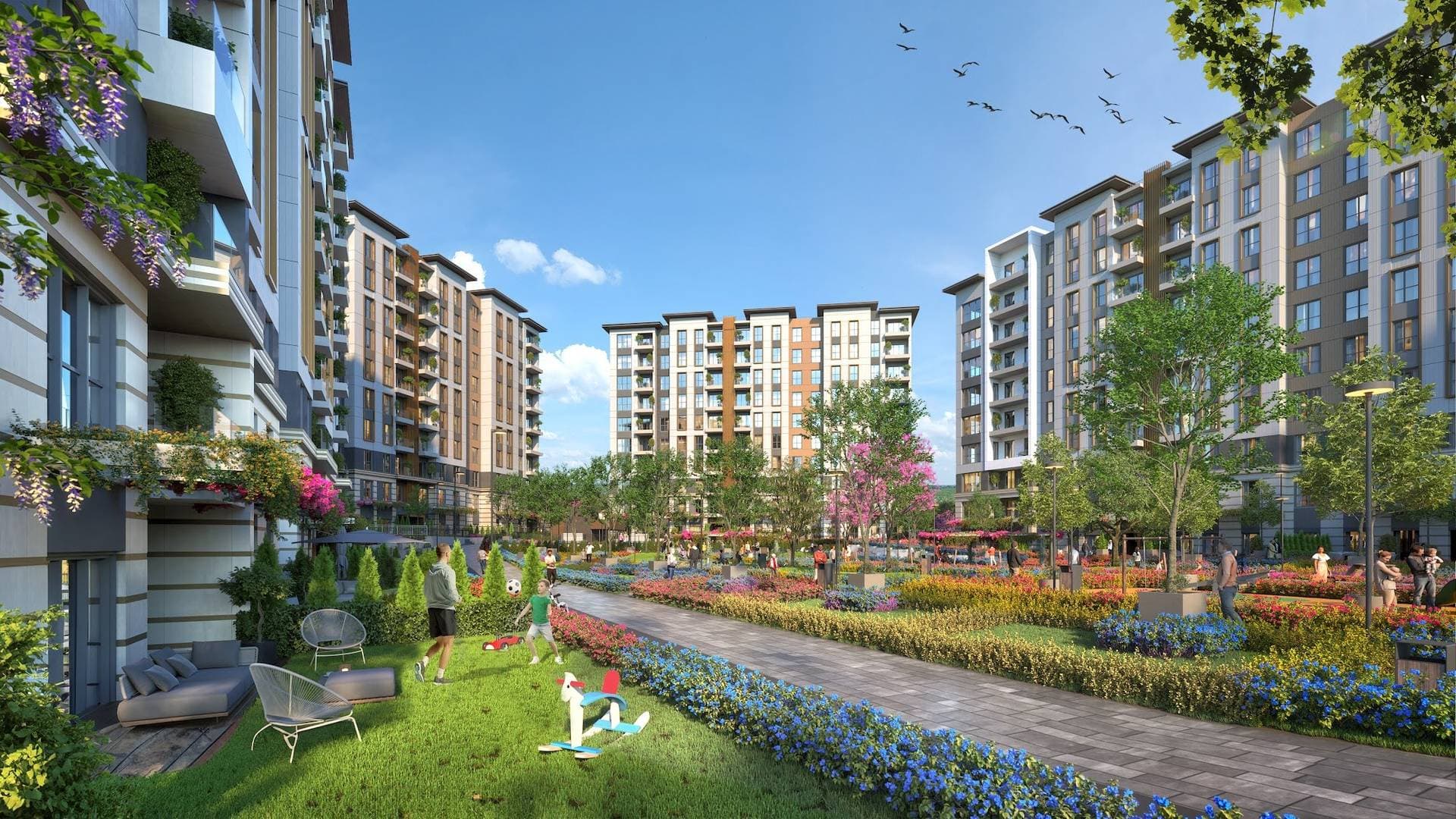 Rendering of the garden seen from a ground-floor patio, with lawns, flower beds and the blocks in the distance