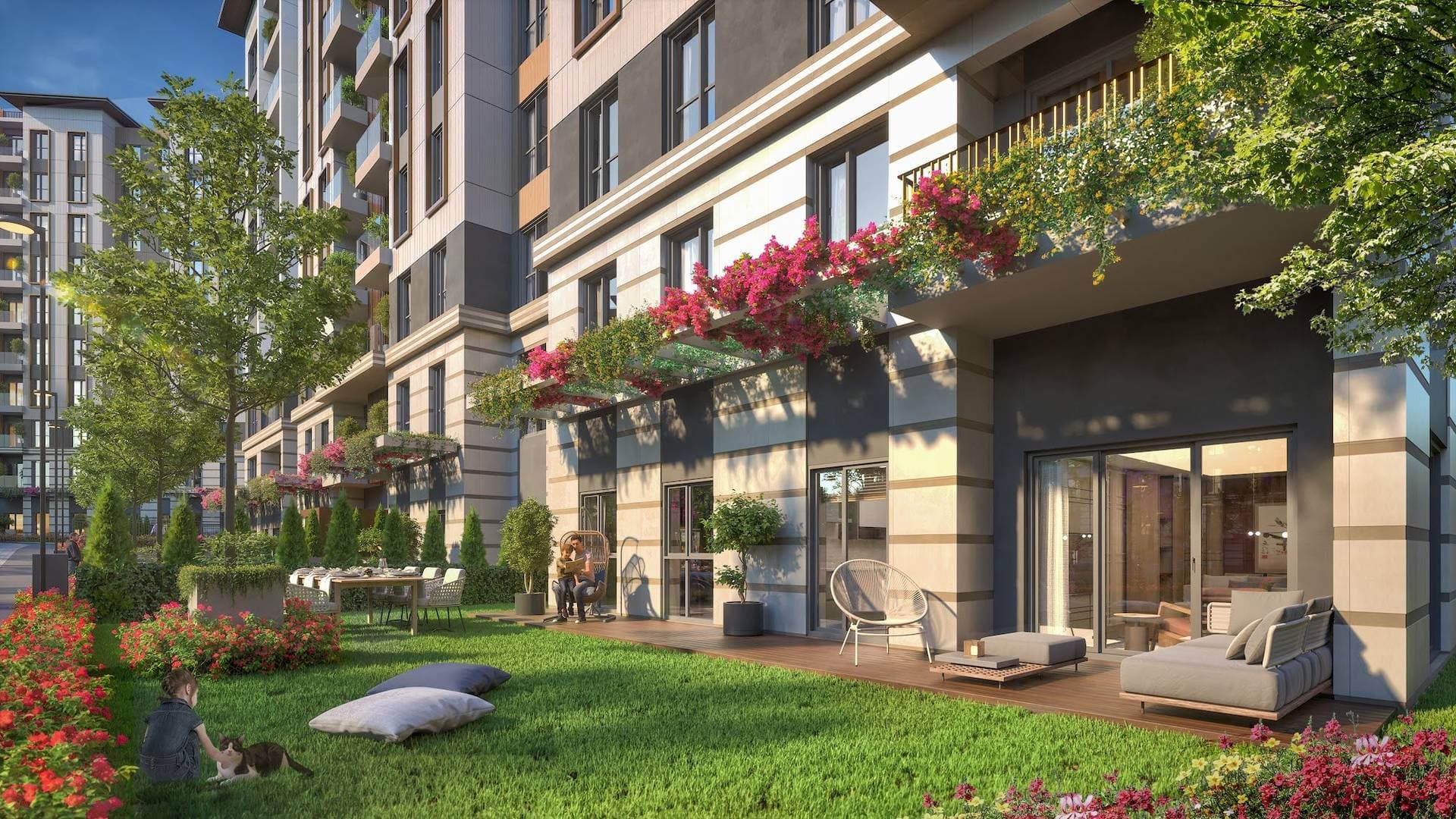 Rendering of a ground-floor apartment with a covered terrace and outdoor seating opening onto the garden