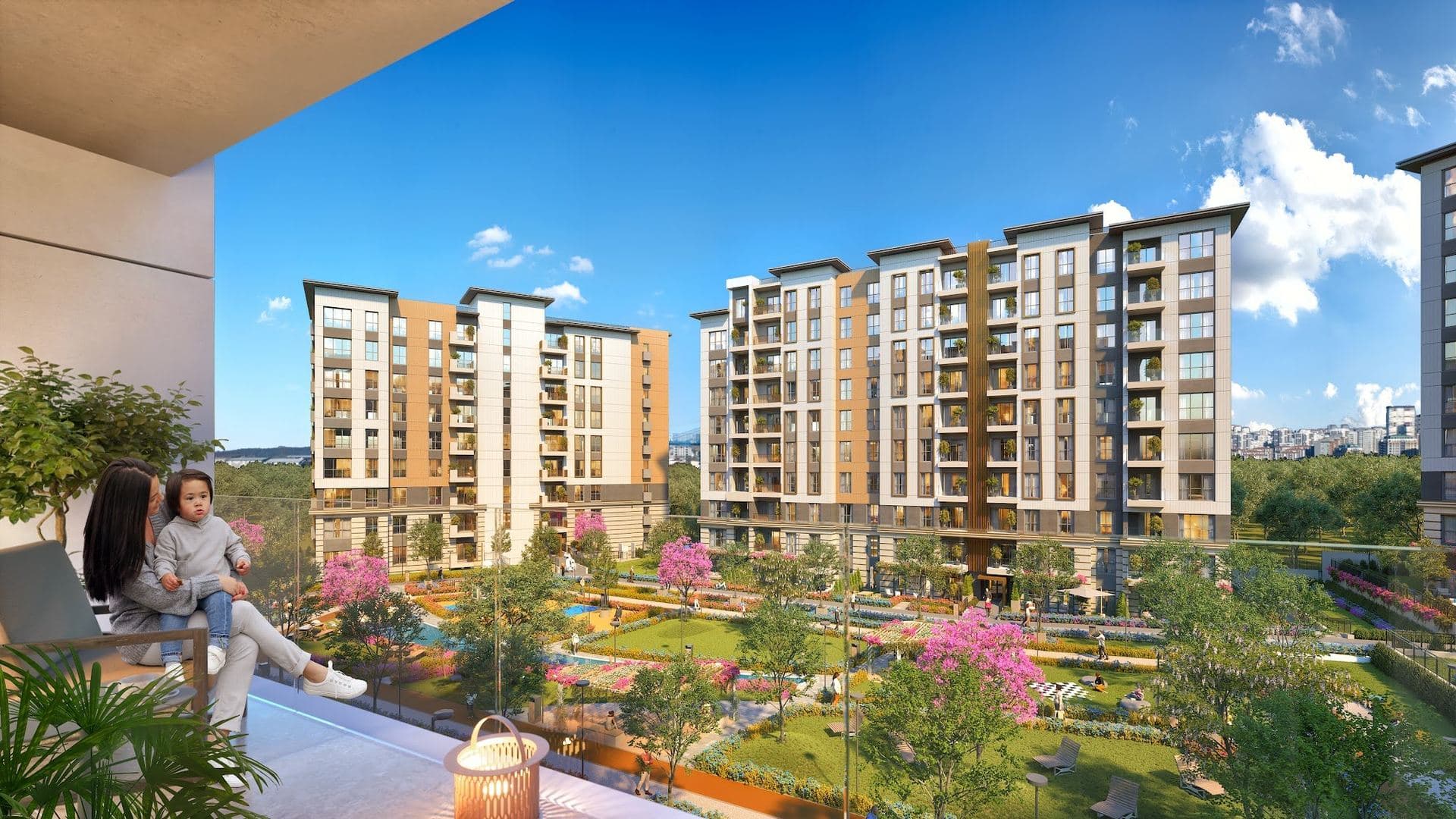 Rendering of the view from an upper-floor balcony over the garden toward two of the blocks