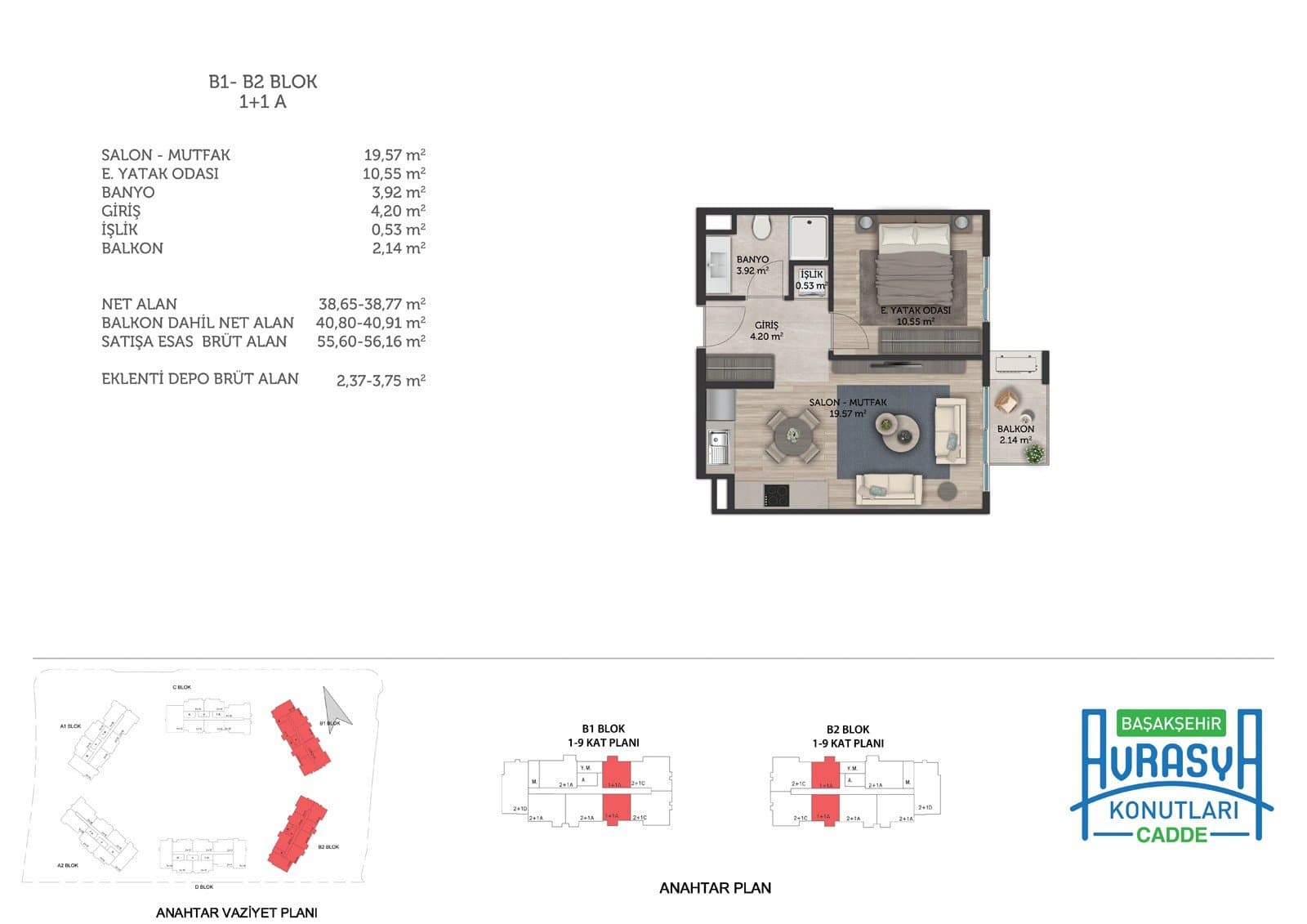 Basaksehir Avrasya Konutlari Cadde Project – 1+1 Type A (Blocks B1, B2) floor plan