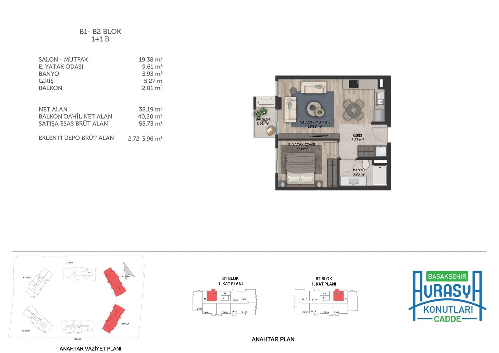 Basaksehir Avrasya Konutlari Cadde Project – 1+1 Type B (Blocks B1, B2) floor plan