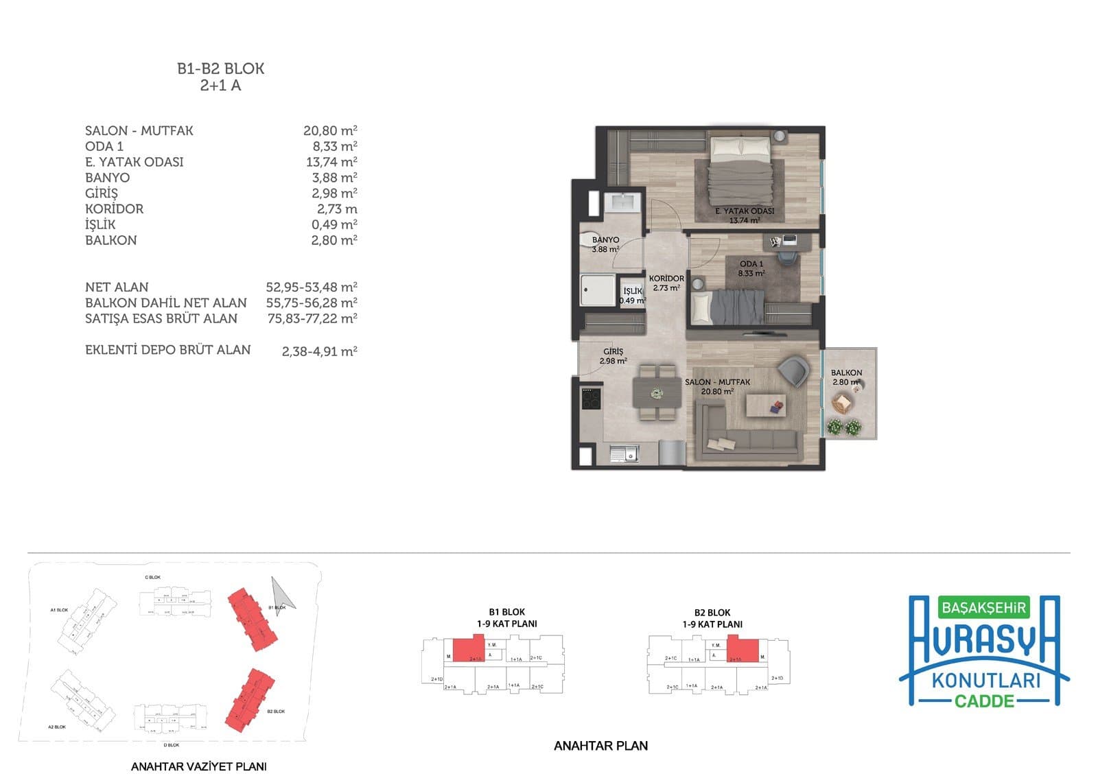 Basaksehir Avrasya Konutlari Cadde Project – 2+1 Type A (Blocks B1, B2) floor plan