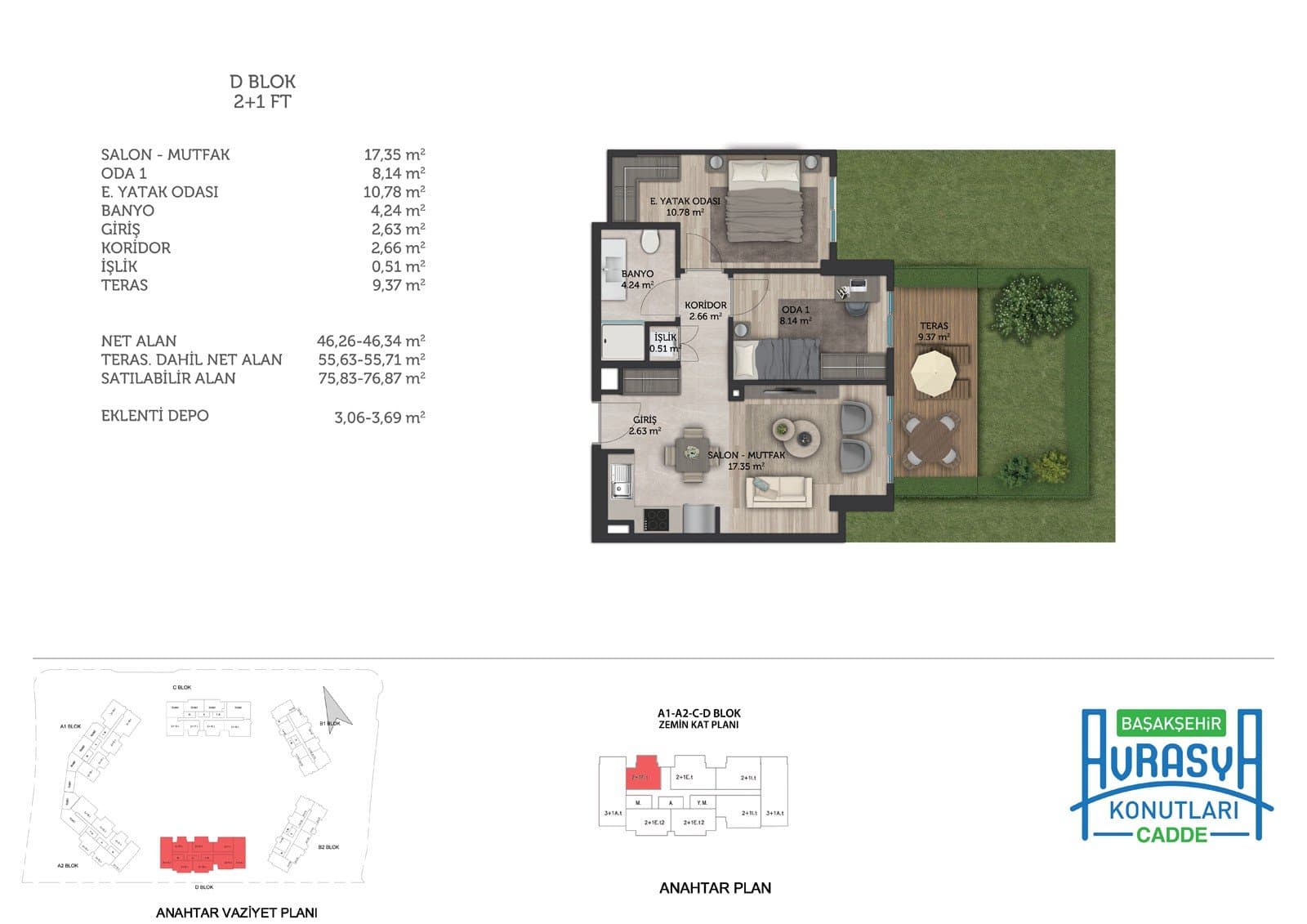 Basaksehir Avrasya Konutlari Cadde Project – 2+1 Type F with Terrace (Ground Floor) floor plan