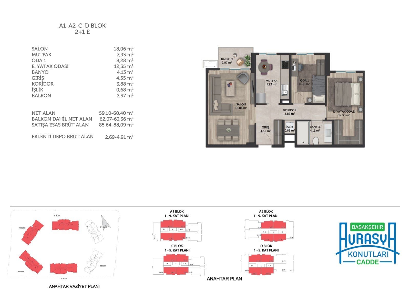 Basaksehir Avrasya Konutlari Cadde Project – 2+1 Type E (Blocks A1, A2, C, D) floor plan