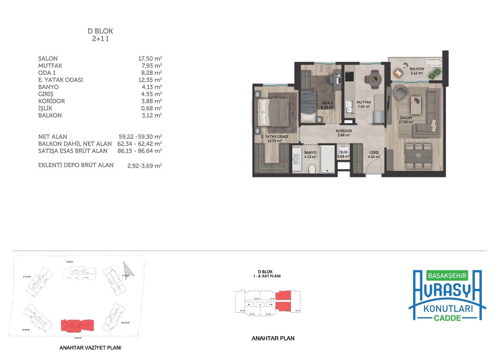 Basaksehir Avrasya Konutlari Cadde Project – 2+1 Type I (Block D) floor plan