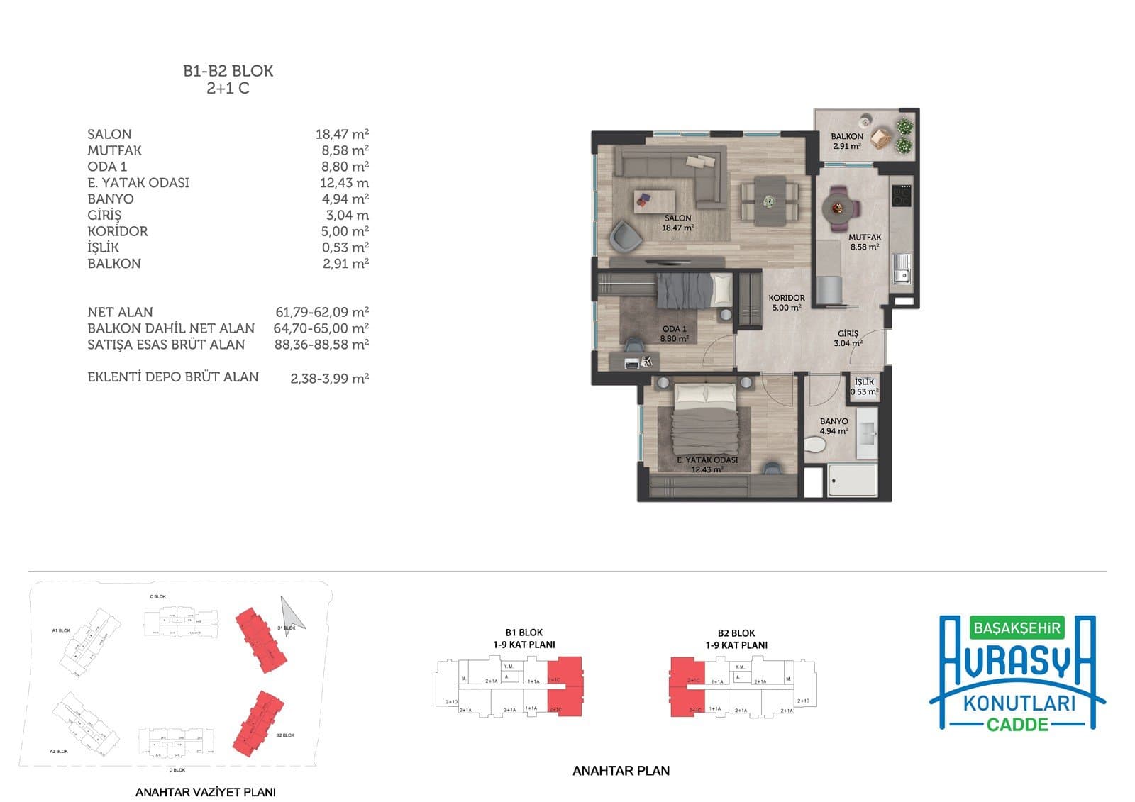 Basaksehir Avrasya Konutlari Cadde Project – 2+1 Type C (Blocks B1, B2) floor plan