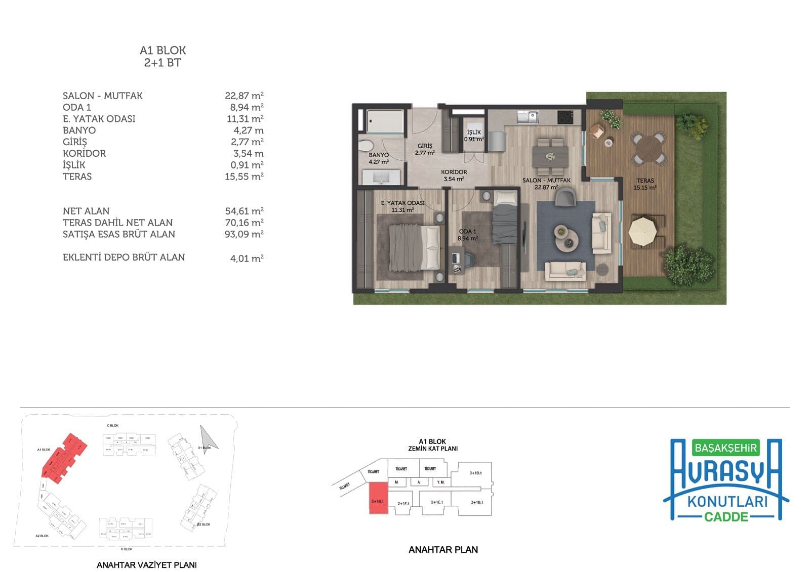 Basaksehir Avrasya Konutlari Cadde Project – 2+1 Type B with Terrace (Block A1) floor plan