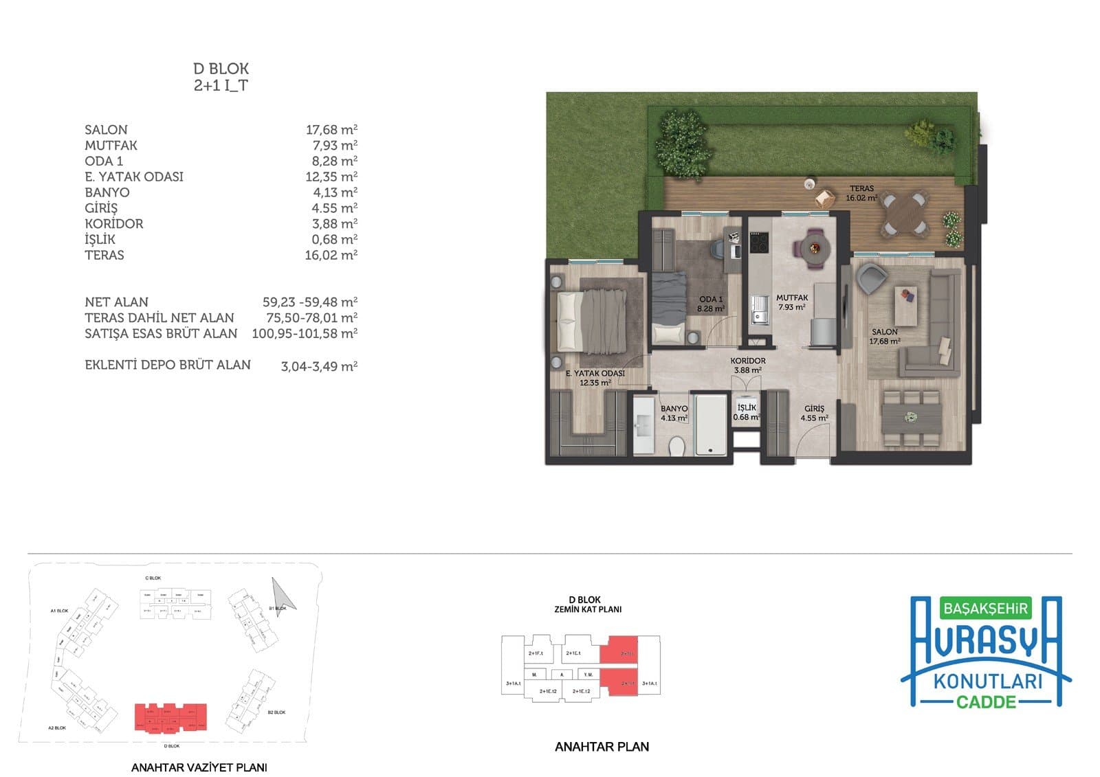 Basaksehir Avrasya Konutlari Cadde Project – 2+1 Type I with Terrace (Block D) floor plan