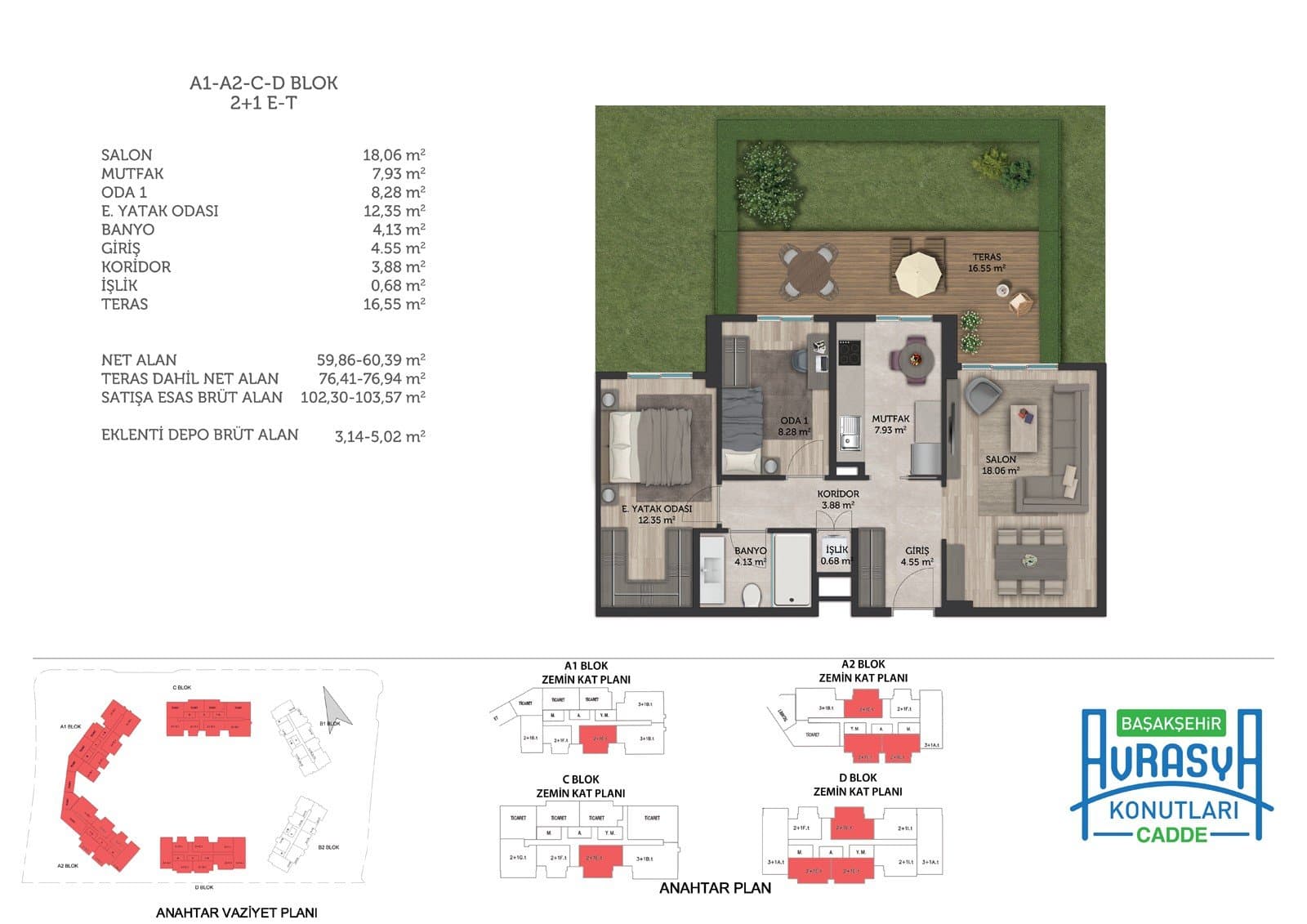 Basaksehir Avrasya Konutlari Cadde Project – 2+1 Type E with Terrace (Blocks A1, A2, C, D) floor plan
