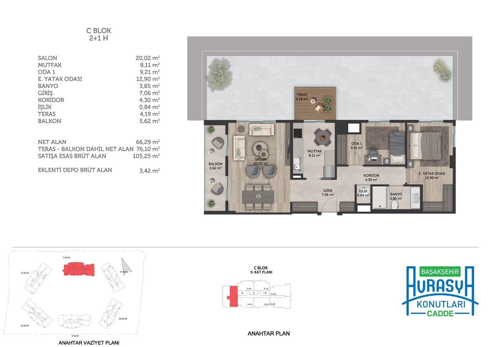 Basaksehir Avrasya Konutlari Cadde Project – 2+1 Type H (Block C, 9th Floor) floor plan