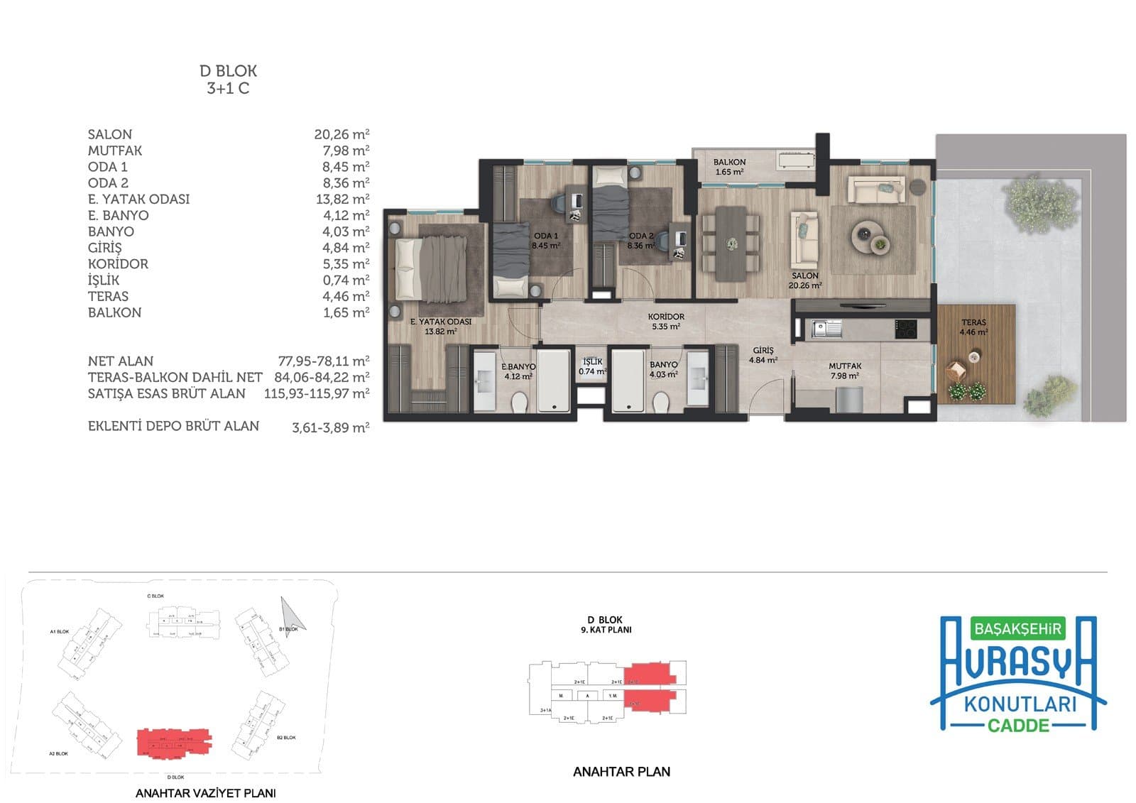 Basaksehir Avrasya Konutlari Cadde Project – 3+1 Type C (Block D, 9th Floor) floor plan