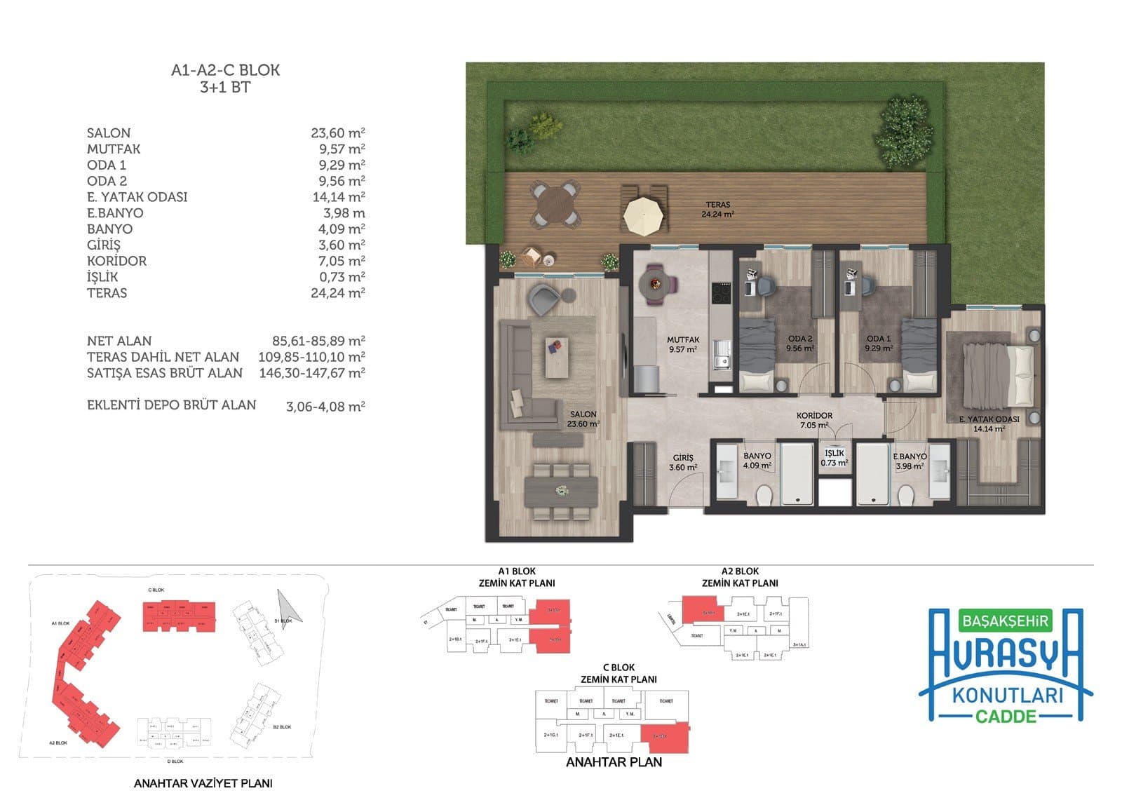 Basaksehir Avrasya Konutlari Cadde Project – 3+1 Type B with Terrace (Blocks A1, A2, C) floor plan