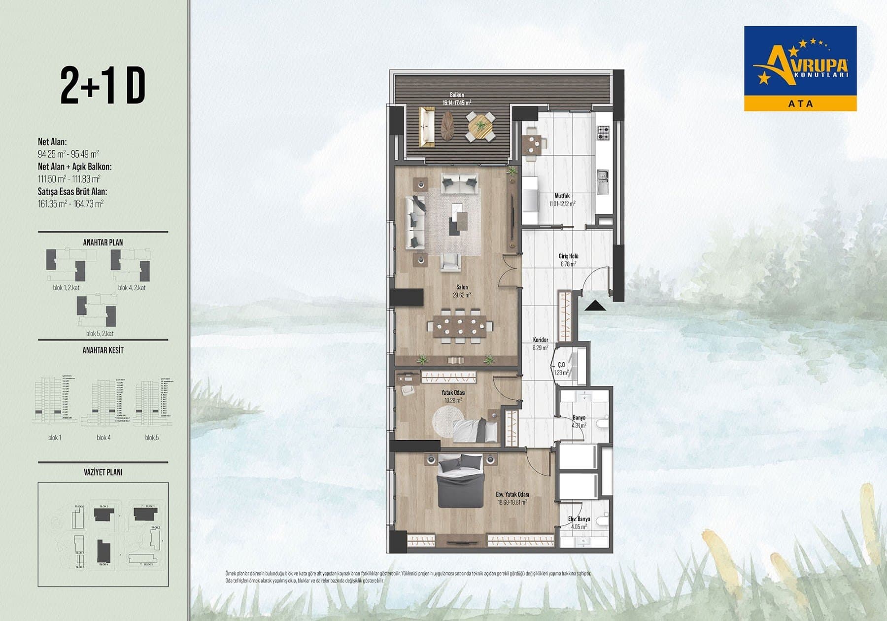 مشروع اوروبا كونتلاري اتا – مخطط 2+1 Type D, Large Balcony