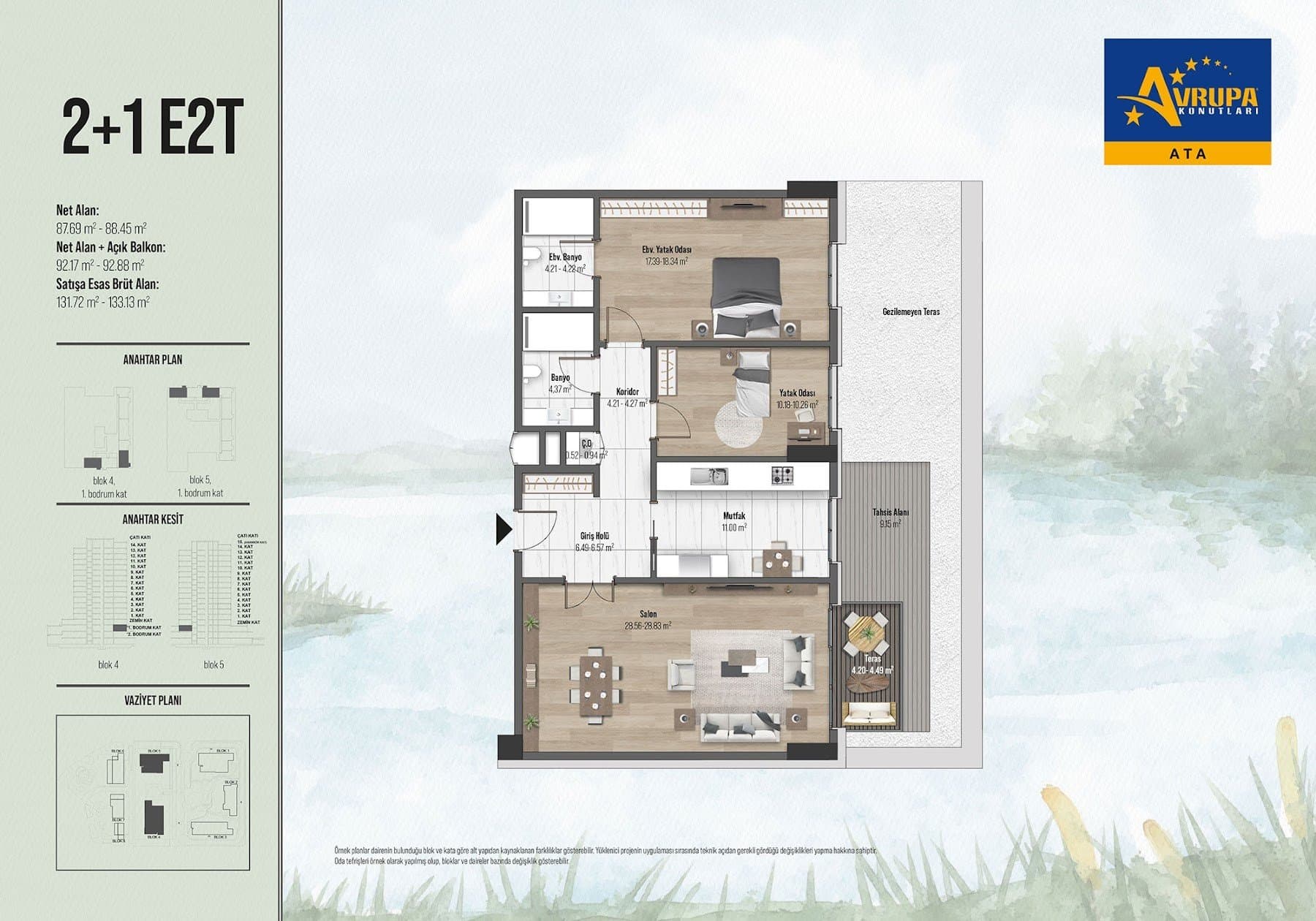 مشروع اوروبا كونتلاري اتا – مخطط 2+1 Type E2T, Lower Level with Terrace