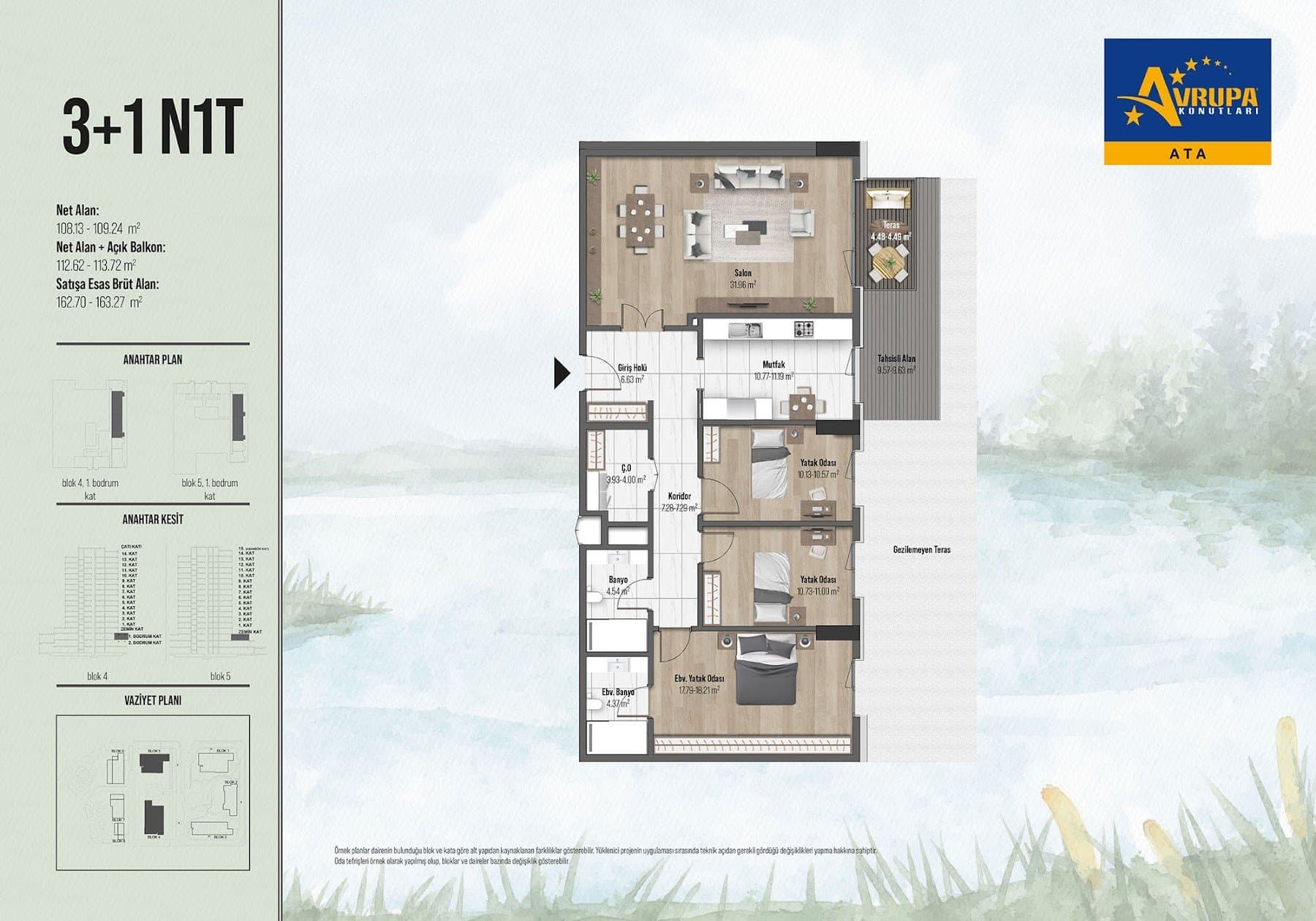 مشروع اوروبا كونتلاري اتا – مخطط 3+1 Type N1T, Lower Level with Terrace