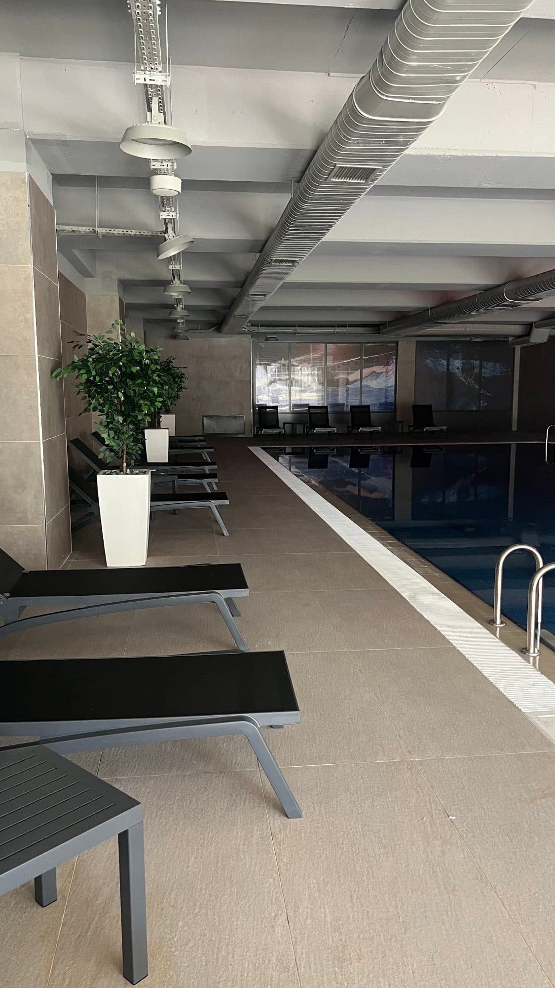 Long indoor swimming pool with sun loungers and potted plants in the social facility