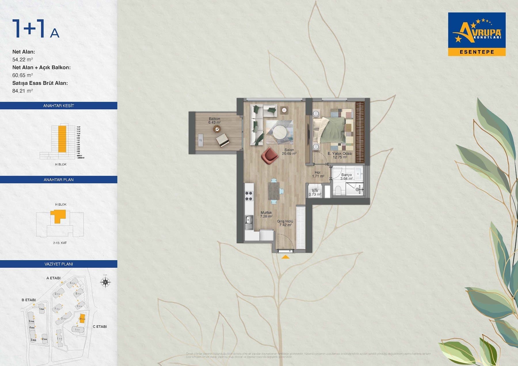 Avrupa Konutlari Esentepe Project – 1+1 Type A floor plan