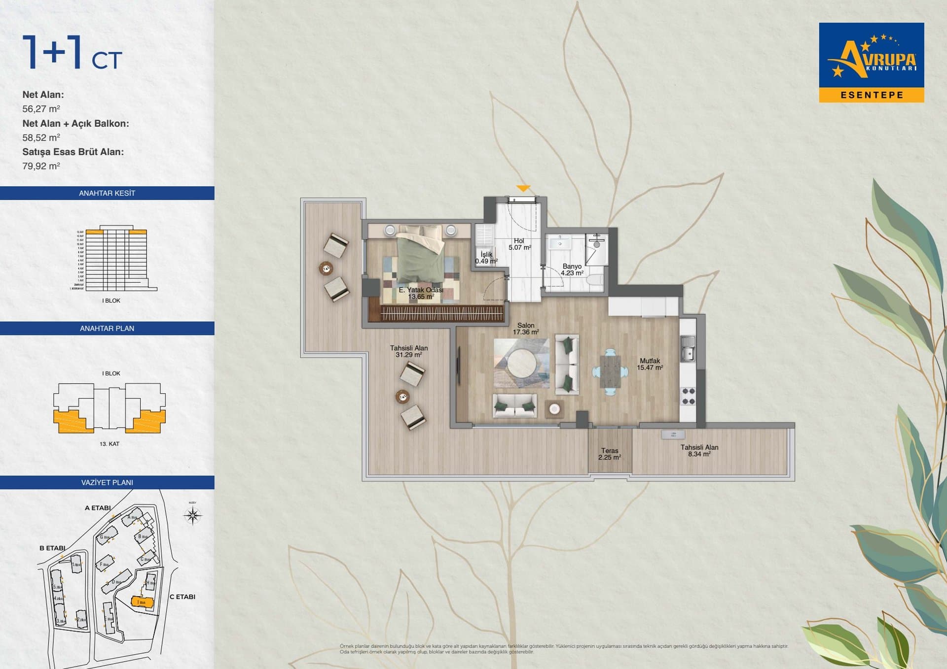 Avrupa Konutlari Esentepe Project – 1+1 Type CT, Top Floor with Terrace floor plan