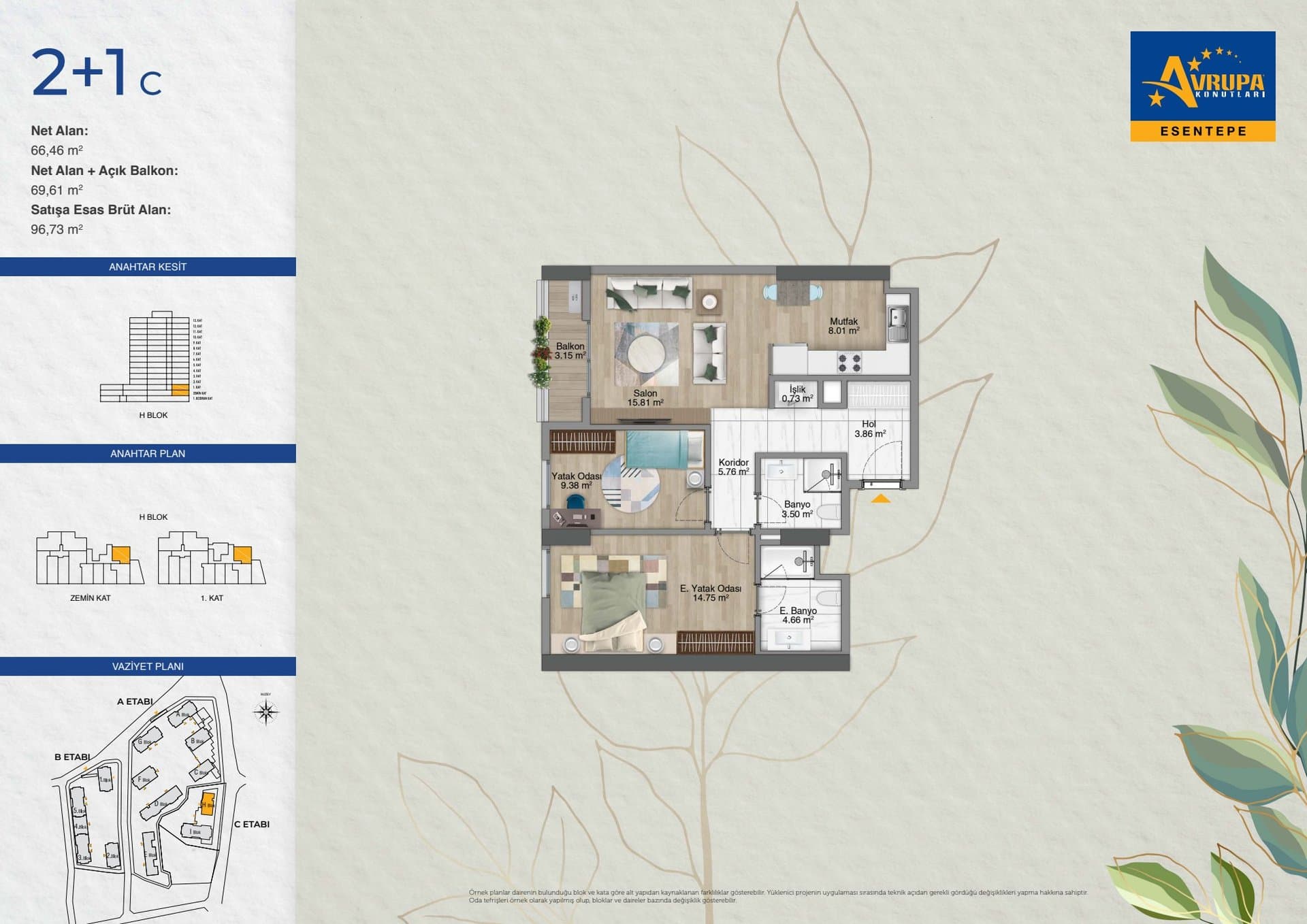 Avrupa Konutlari Esentepe Project – 2+1 Type C floor plan